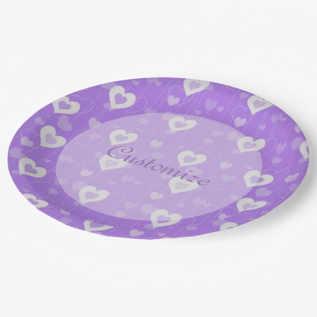 Purple & White Hearts Pattern Paper Plates (Angled)
