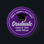 Purple White High School Graduate Custom Name Tag Button<br><div class="desc">This modern purple and white custom senior graduate button features classy white typography of your high school or college name for the class of 2026. Customize with your graduating year under the chic black handwritten script and black grad cap for a great personalized graduation name tag for a party or...</div>