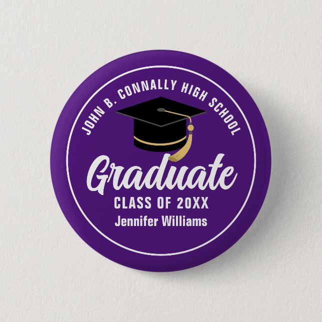 Purple White High School Graduate Custom Name Tag Button (Front)