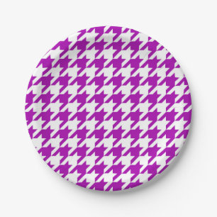 Purple White Houndstooth Check Paper Plates