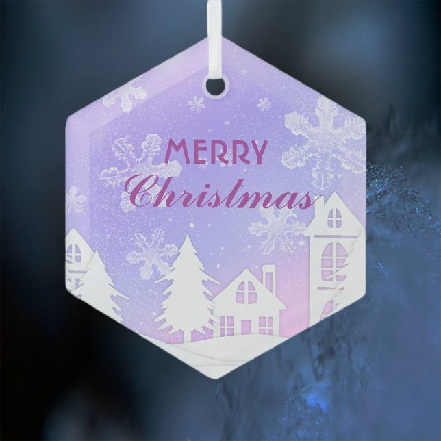 Purple White House Snowflakes Xmas New Year 2023  Glass Ornament (Creator Uploaded)