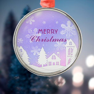 Purple White House Snowflakes Xmas New Year 2023 Metal Ornament