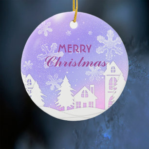 Purple White House Snowflakes Xmas New Year Ceramic Ornament