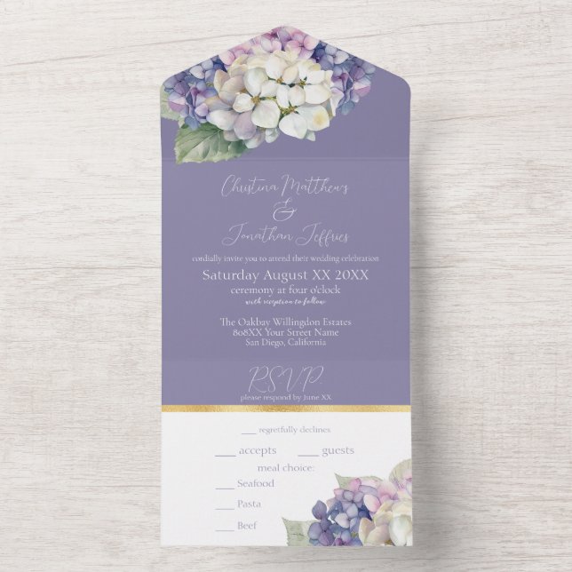 Purple & White Hydrangea Flowers on Lavender All In One Invitation (Inside)