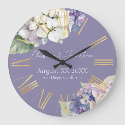 Purple  White Hydrangea Flowers on Lavender Large Clock