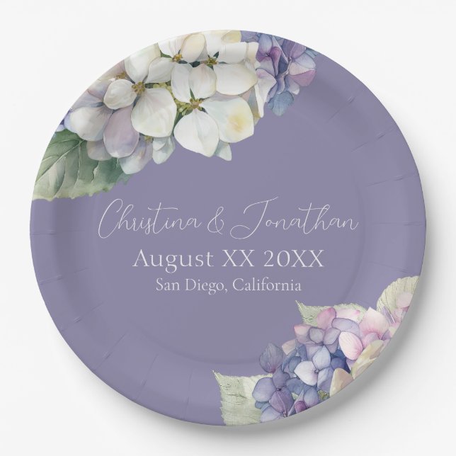 Purple & White Hydrangea Flowers on Lavender Paper Plates (Front)