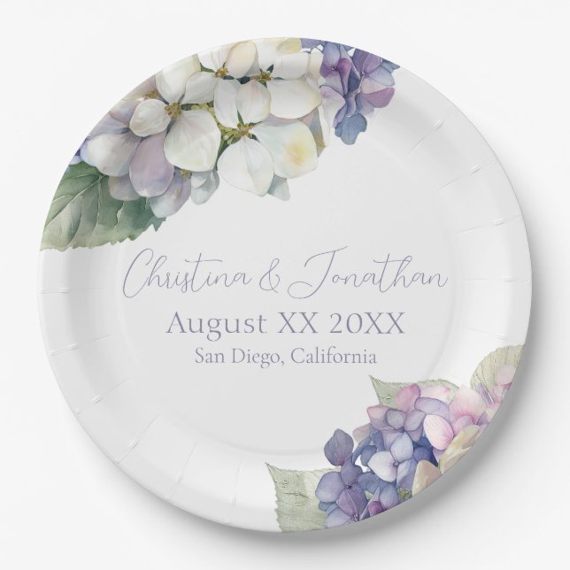 Purple & White Hydrangea Flowers Paper Plates (Front)