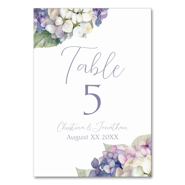 Purple & White Hydrangea Flowers Table Number (Front)