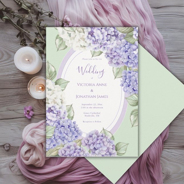 Purple White Hydrangeas Floral Green Wedding Invitation (Creator Uploaded)