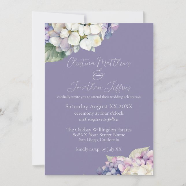 Purple & White Hydrangeas on Lavender Wedding Invitation (Front)