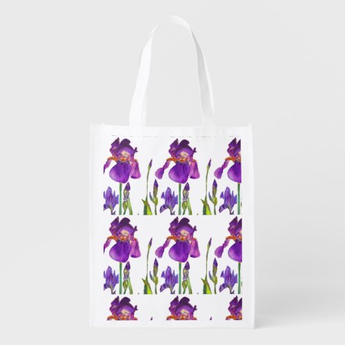 Purple White Iris floral Reusable Grocery Bag