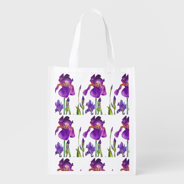 Purple White Iris floral Reusable Grocery Bag (Front)