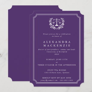 Purple/White JD Law Scales + Laurel Graduation Invitation