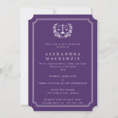 Purple/White JD Law Scales + Laurel Graduation Invitation (Front)