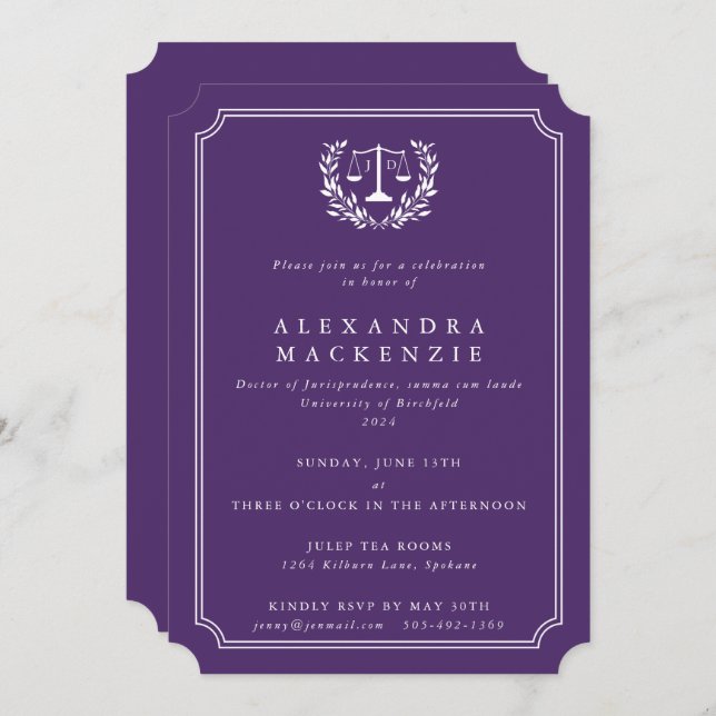 Purple/White JD Law Scales + Laurel Graduation Invitation (Front/Back)