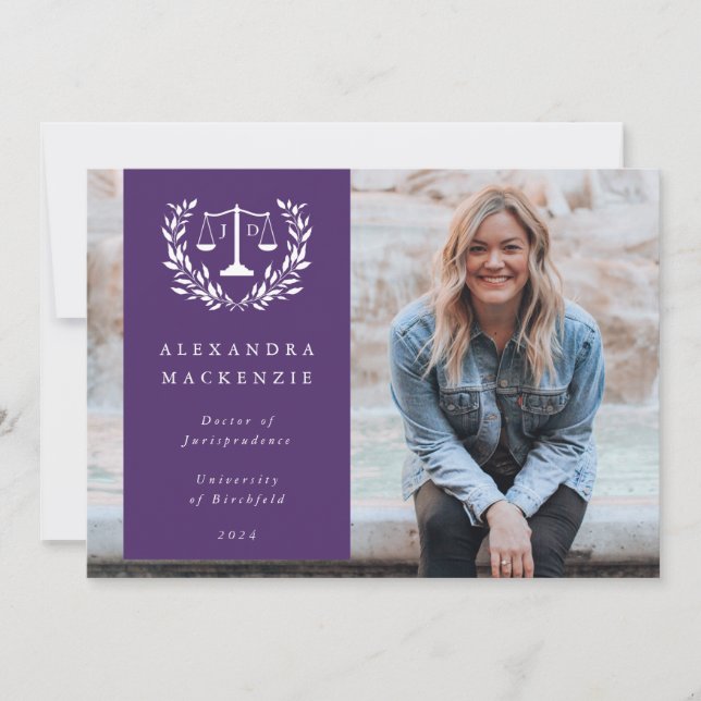 Purple + White JD Law Scales Laurel Wreath Photo Announcement (Front)