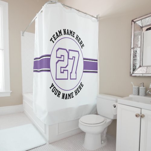 Purple white jersey number team player name sports shower curtain