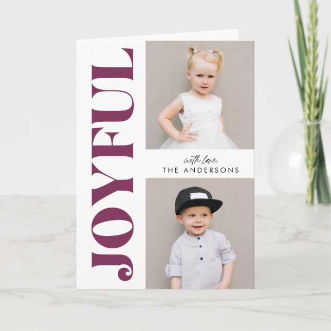 Purple & White Joyful Modern Christmas 3 Photo Holiday Card (Front)
