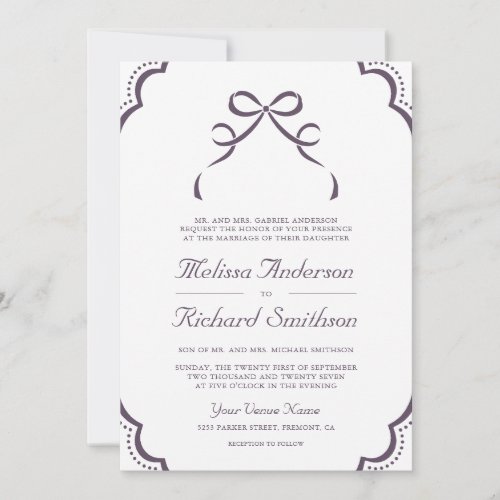 Purple White Lace Coquette Bow QR Code Wedding Invitation