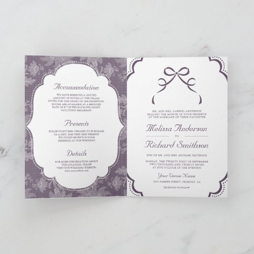 Purple White Lace Coquette Bow QR Code Wedding Invitation