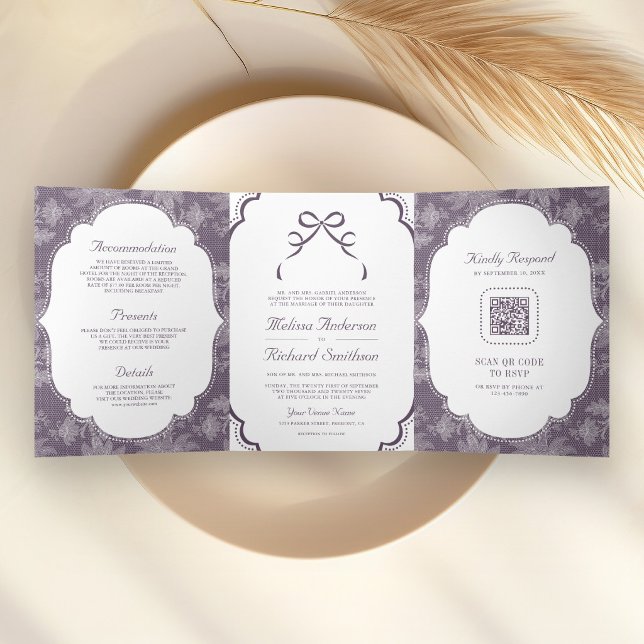 Purple White Lace Coquette Bow QR Code Wedding Tri-Fold Invitation (Creator Uploaded)