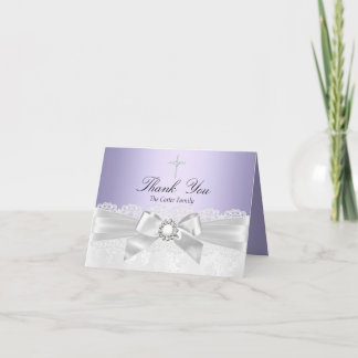 Purple White Lace & Cross Baptism Thank You Card