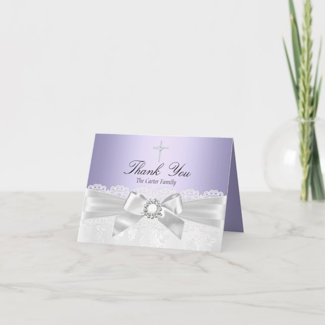 Purple White Lace & Cross Baptism Thank You Card (Front)
