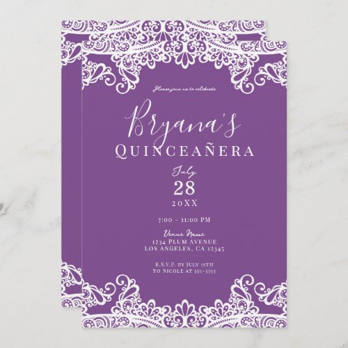Purple  White Lace Elegant Quinceaera Party  Invitation