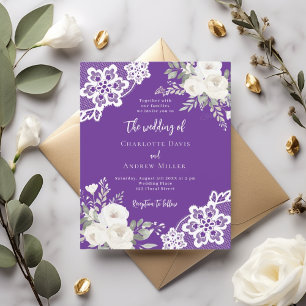 Purple white lace floral wedding invitation