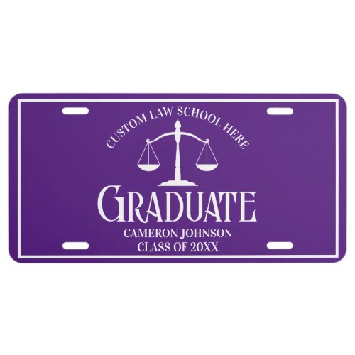 Purple White Law School Graduate License Plate