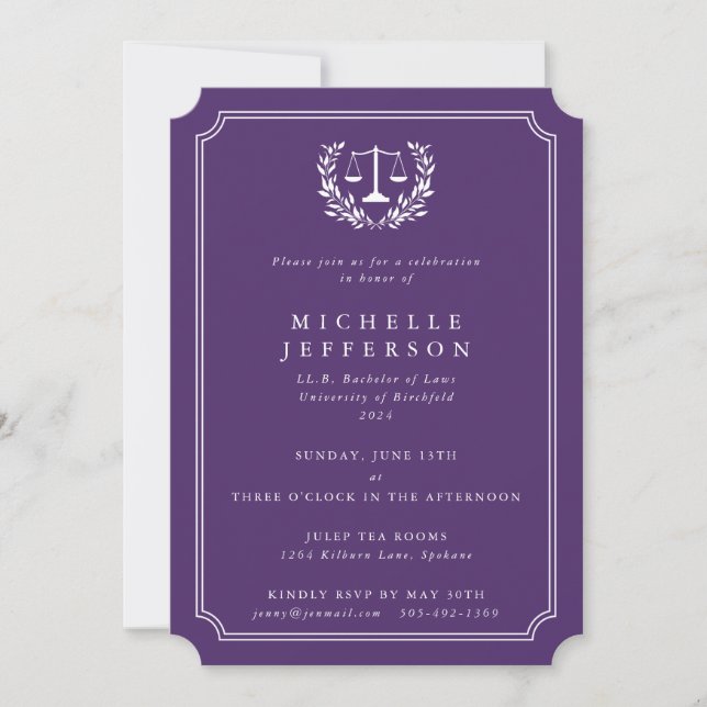 Purple/White Law School Graduation Announcement (Front)