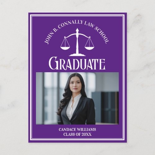 Purple White Law School Photo Graduation Announcement Postcard