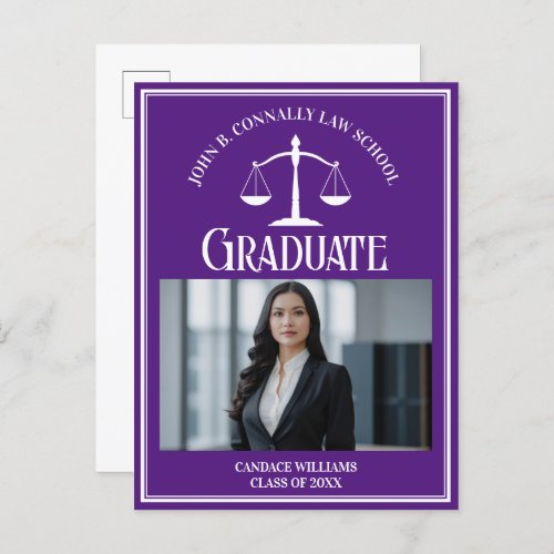 Purple White Law School Photo Graduation Announcement Postcard