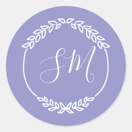 Purple White Leaf Wreath Monogram Wedding Classic Round Sticker