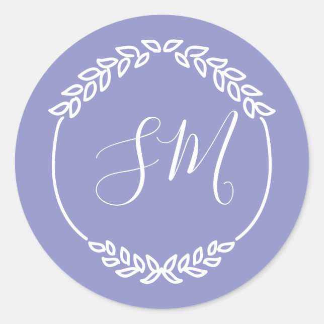 Purple White Leaf Wreath Monogram Wedding Classic Round Sticker (Front)