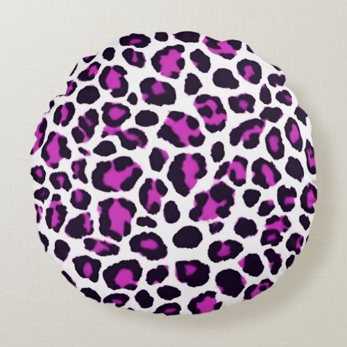 Purple White Leopard Animal Print Round Pillow