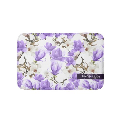 Purple  White Magnolia Blossom Watercolor Pattern Bath Mat