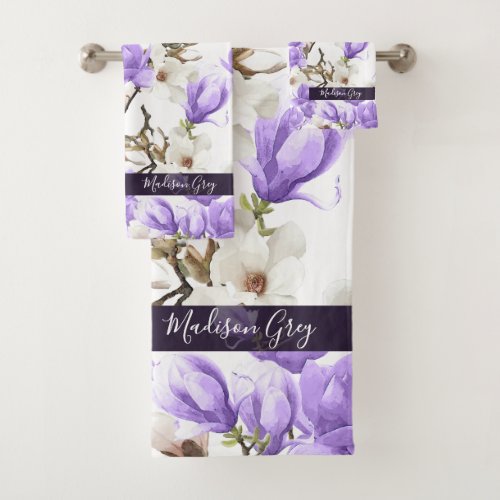 Purple  White Magnolia Blossom Watercolor Pattern Bath Towel Set