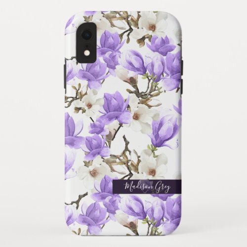 Purple  White Magnolia Blossom Watercolor Pattern iPhone XR Case