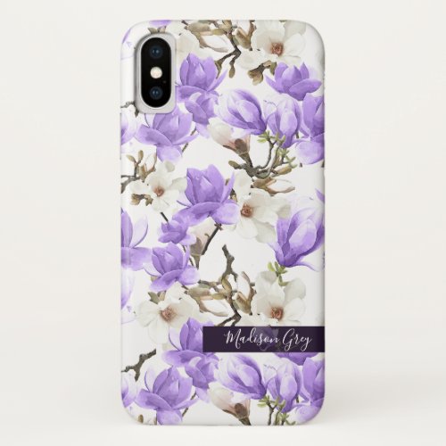 Purple  White Magnolia Blossom Watercolor Pattern iPhone X Case