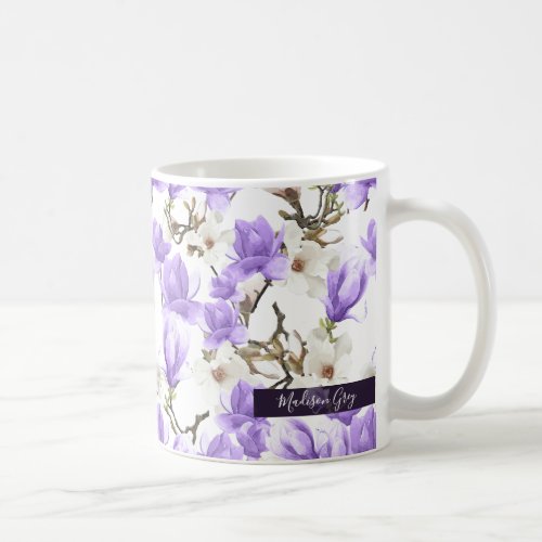 Purple  White Magnolia Blossom Watercolor Pattern Coffee Mug