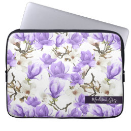Purple &amp; White Magnolia Blossom Watercolor Pattern Laptop Sleeve