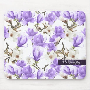 Purple & White Magnolia Blossom Watercolor Pattern Mouse Pad