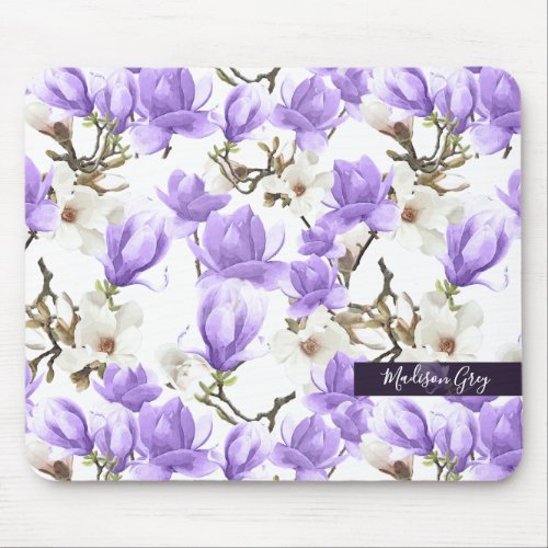 Purple  White Magnolia Blossom Watercolor Pattern Mouse Pad