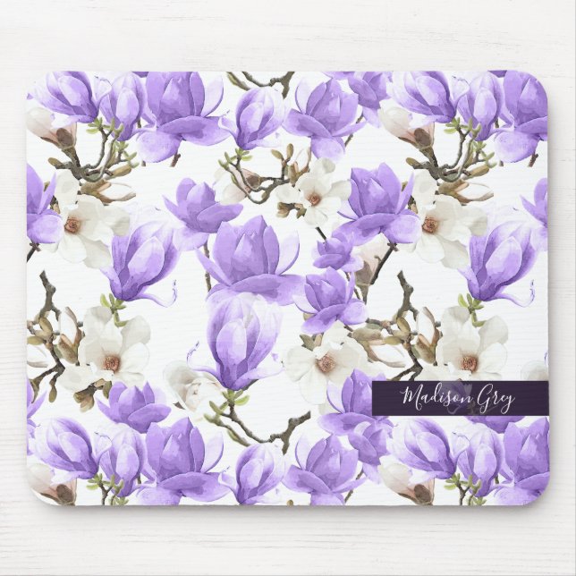 Purple & White Magnolia Blossom Watercolor Pattern Mouse Pad (Front)