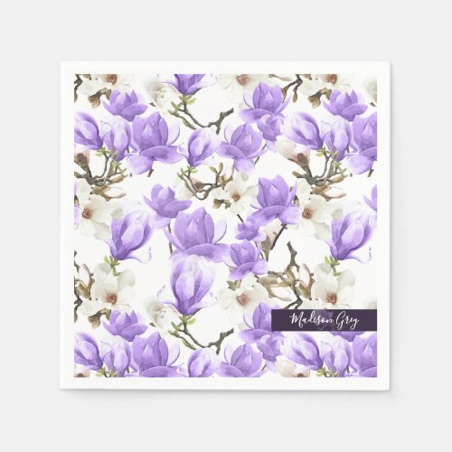 Purple  White Magnolia Blossom Watercolor Pattern Napkins