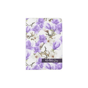 Purple & White Magnolia Blossom Watercolor Pattern Passport Holder
