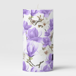 Purple & White Magnolia Blossom Watercolor Pattern Pillar Candle
