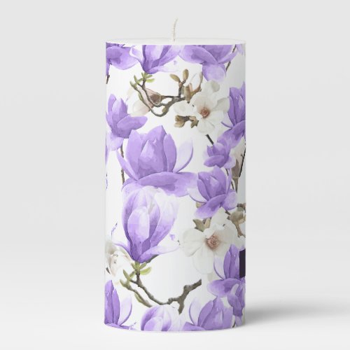 Purple  White Magnolia Blossom Watercolor Pattern Pillar Candle