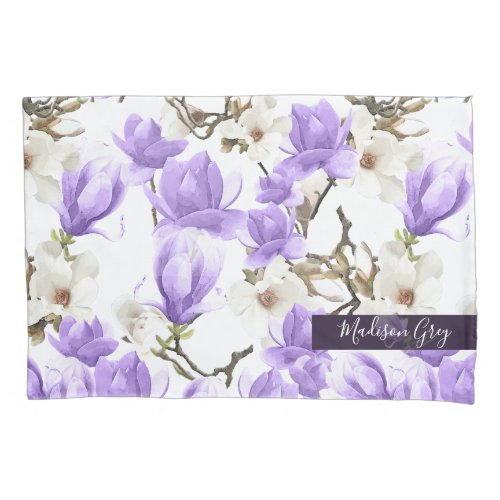 Purple  White Magnolia Blossom Watercolor Pattern Pillow Case